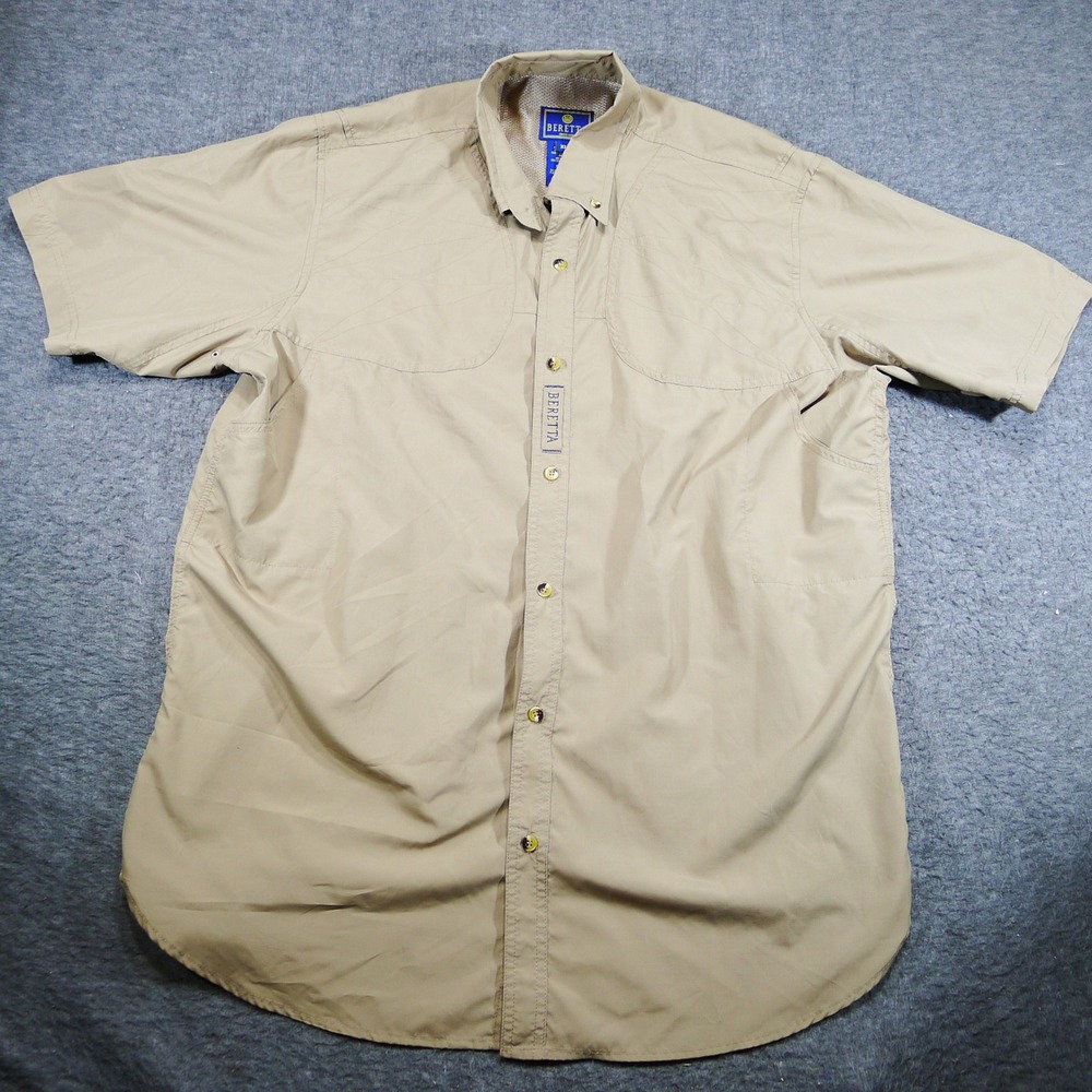 Beretta Shooting Shirt Mens XL Tan Short Sleeve Ripstop Vented Light Staining